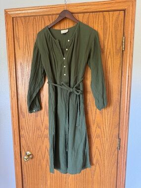Olive Green Long Sleeve Midi Dress with Tie Waist